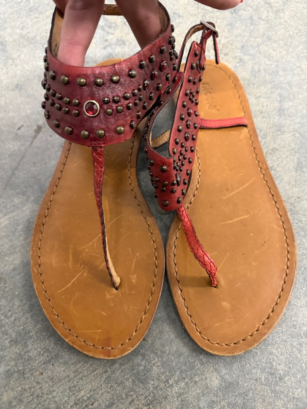 Nicole Red Studded T-Strap Sandals